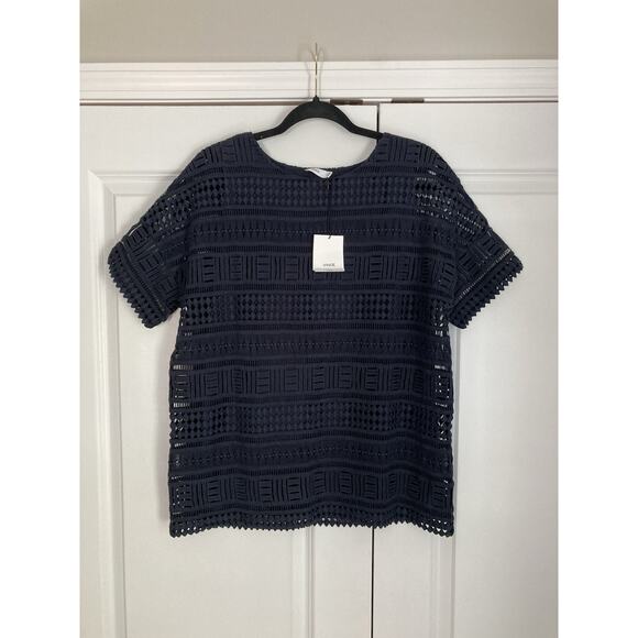 Vince Tops - VINCE Women’s Medium Crochet Bateau Neckline Short Sleeve Overlay Blouse Black